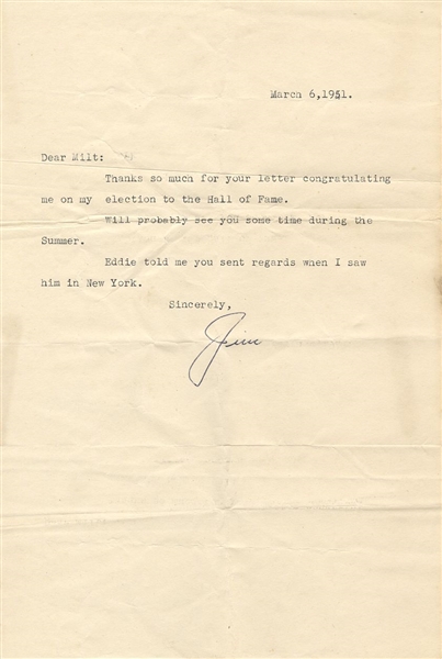 Jimmie Jimmy Foxx D.1967 Baseball Hall of Fame Typed Letter Signed PSA/DNA LOA