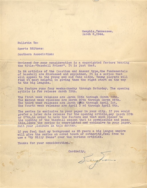 Billy Evans Signed AUTO Letter Document Historical Baseball HOF Archive PSA/DNA LOA