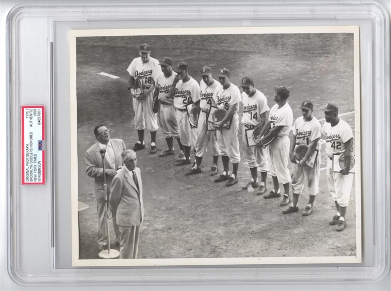 1955 Brooklyn Dodgers Greats Honored /w Jackie Robinson Original TYPE 1 Photo PSA/DNA LOA