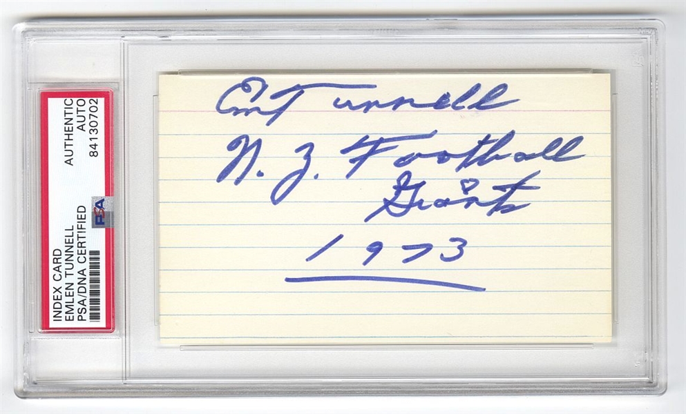 Emlen Tunnell signed AUTO 3x5 index card Giants Packers Iowa Football HOF PSA/DNA