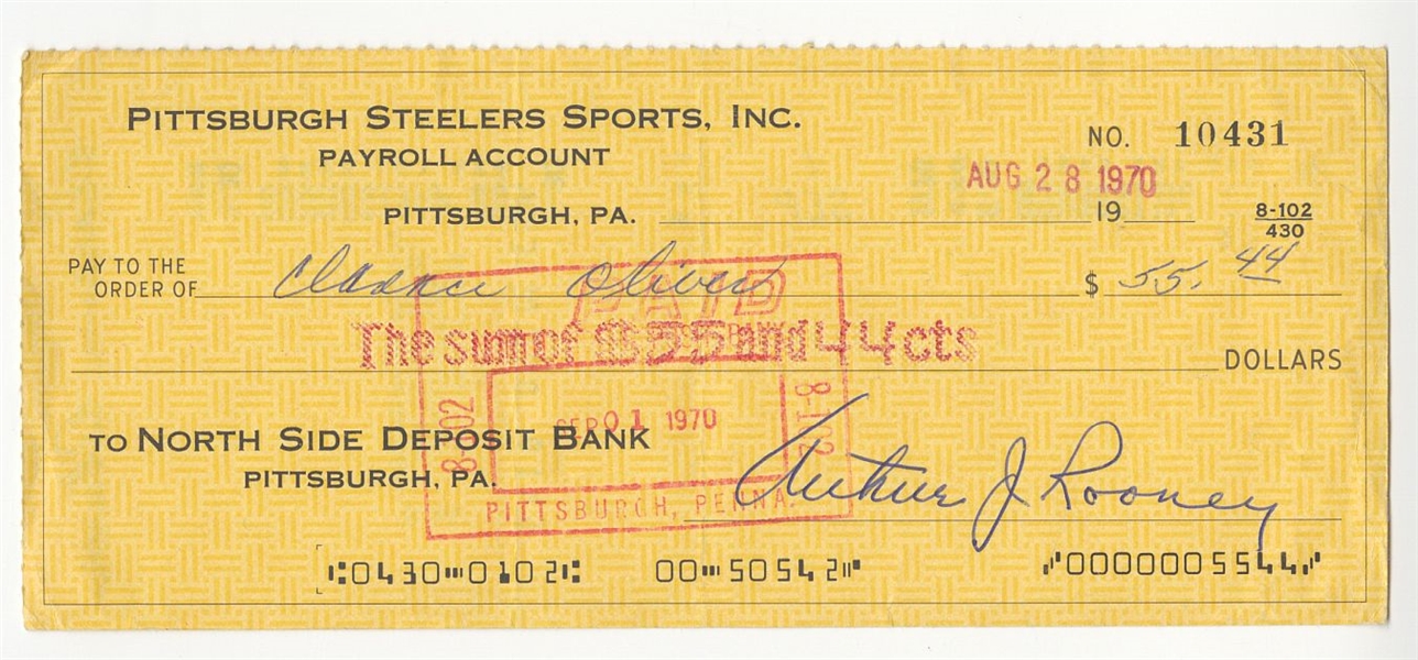 Art Rooney Sr Signed AUTO 1970 Pittsburgh Steelers Payroll Check To NFL player Clancy Oliver JSA COA