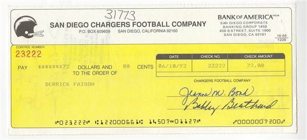 Bobby Beathard Football HOF Signed Chargers Payroll Check Endorsed by Super Rare Autograph Derrick Faison JSA COA