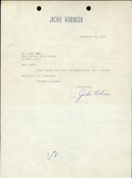 Jackie Robinson Signed AUTO 1951 Letter to Baseball HOF Sportswriter Jack Lang JSA LOA