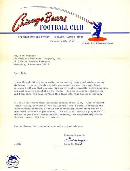 George Halas Chicago Bears Football HOFer Typed Letter Signed AUTO to former player JSA LOA