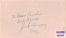 Jack Dempsey Signed AUTO 3x5 Index Card Boxing Heavyweight Champion HOF PSA/DNA