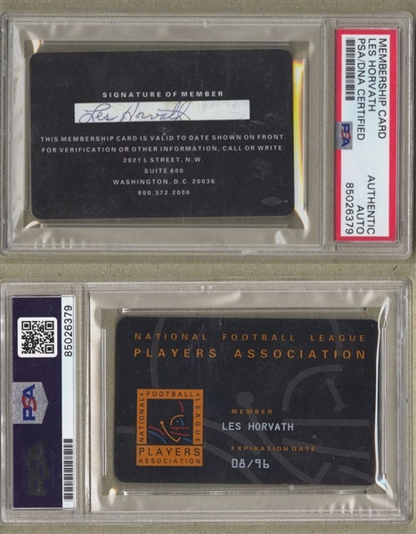 Les Horvath Personally Owned & Signed AUTO NFL Players Association Membership Card PSA/DNA