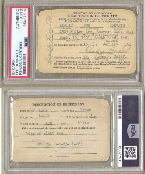 Les Horvath Personally Owned & Signed Selective Service Draft Registration Certificate Card PSA/DNA