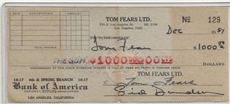 Tom Fears Pro Football Hall of Fame Signed AUTO personal Check Super RARE