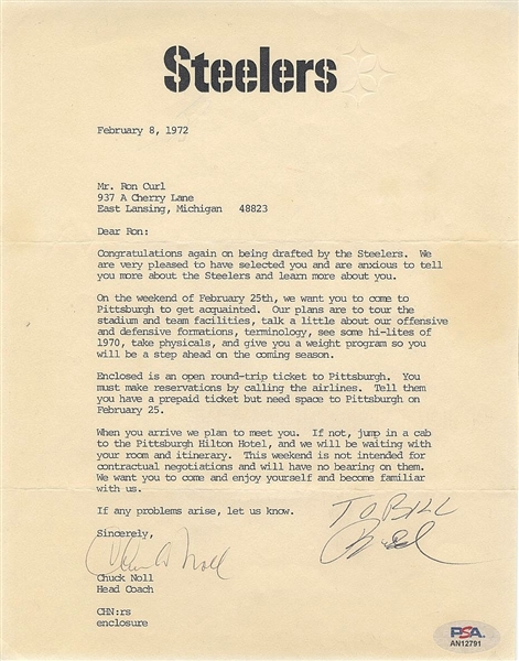 Chuck Noll Signed AUTO letter to 1972 Steelers Draft Pick Pro Football HOF PSA/DNA COA