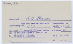 Bill Sharman Celtics Lakers Basketball HOF Signed AUTO 3x5 Document Information index card 
