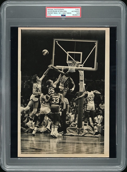 Julius Erving a.k.a. Dr. J Blocks Dan Issel Shot in the very Last ABA Finals Original TYPE I Photo PSA/DNA