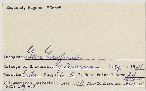 Gene Englund Osh Kosh All-Stars Basketball Star signed AUTO document 3x5 index card