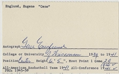 Gene Englund Osh Kosh All-Stars Basketball Star signed AUTO document 3x5 index card