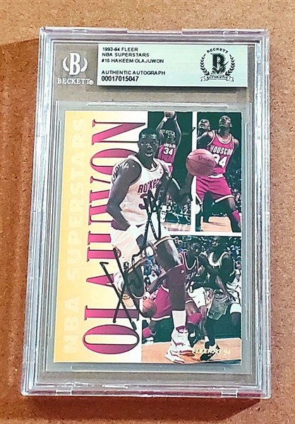 HAKEEM OLAJUWON 1993-94 Fleer NBA Superstars Houston Rockets #15 Signed AUTO Basketball Card BAS BGS POP 1