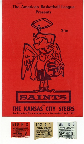 San Francisco Saints vs Kansas City Steers ABL basketball Program & Ticket Stubs Nov. 1 & 3, 1961 – 1st game in Steers HISTORY