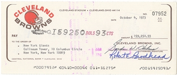 1973 Cleveland Browns NFL Payroll Check to NY Giants for Game Proceeds Signed by Bob Brodhead