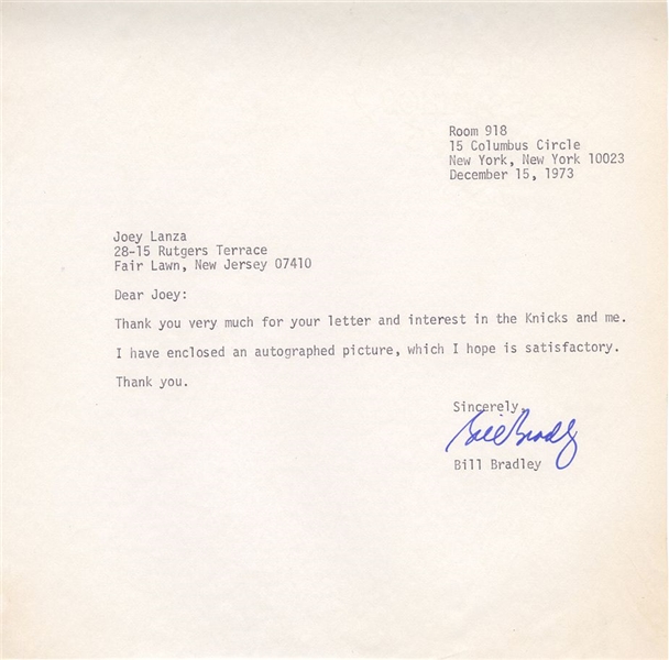 Bill Bradley Basketball HOF Signed AUTO Letter from 1973 NY Knicks NBA Championship Season