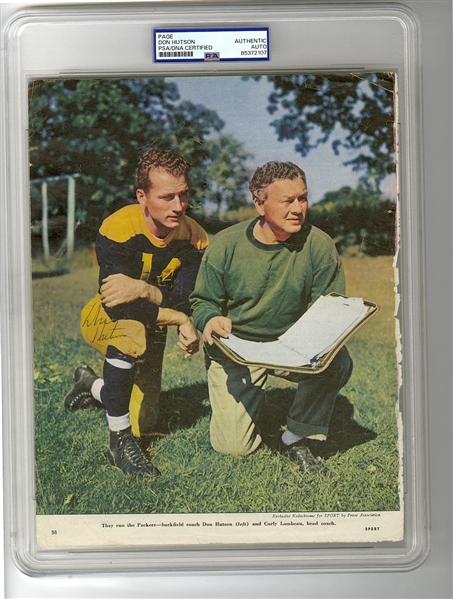 Don Huston Signed AUTO 1946 SPORT Magazine Photo with Curly Lambeau PSA/DNA