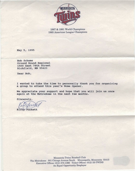 Kirby Puckett Signed AUTO letter on Twins letterhead from 1995 BAS LOA