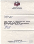 Kirby Puckett Signed AUTO letter on Twins letterhead from 1995 BAS LOA