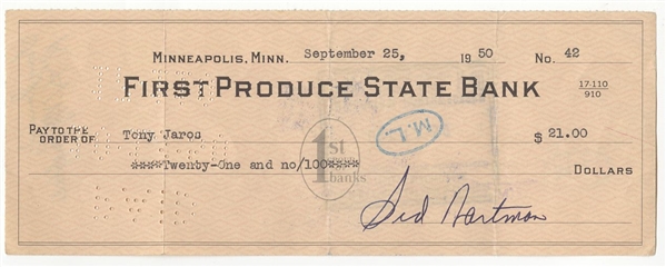 Sid Hartman & Tony Jaros Signed AUTO Minneapolis Lakers payroll check from 1950 JSA COA