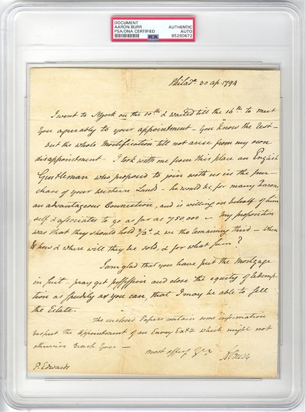 Aaron Burr Signed AUTO letter Document from 1794 V.P. – Alexander Hamilton Duel PSA/DNA