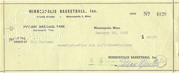 Max Winter Owner & Sid Hartman GM Minneapolis Lakers 1951 Signed AUTO payroll check 