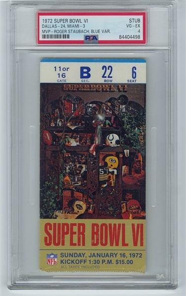 1972 SUPER BOWL VI 6 Ticket Stub DALLAS Cowboys v MIAMI Dolphins Roger Staubach MVP PSA 4 VG-EX