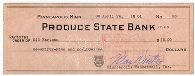 Max Winter Owner & Sid Hartman GM Minneapolis Lakers April 24, 1951 Signed AUTO payroll check 