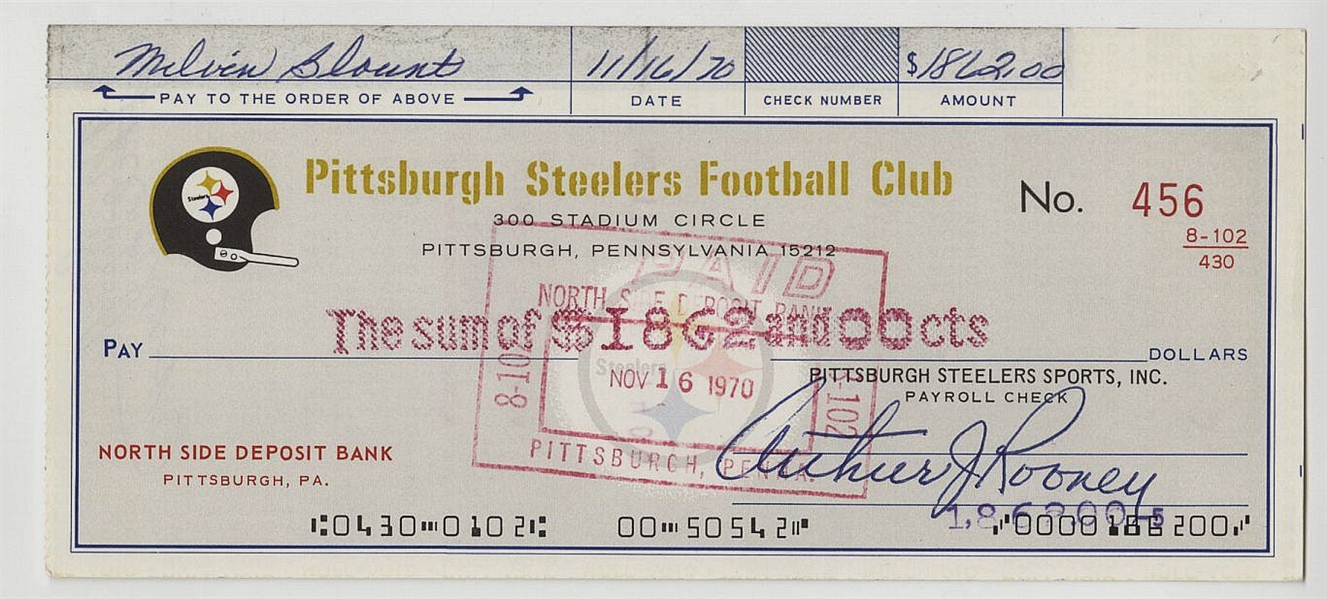  Art Rooney Signed AUTO 1970 Pittsburgh Steelers Payroll Check Signed by NFL Pro Football HOFer – Mel Blount Rookie Year
