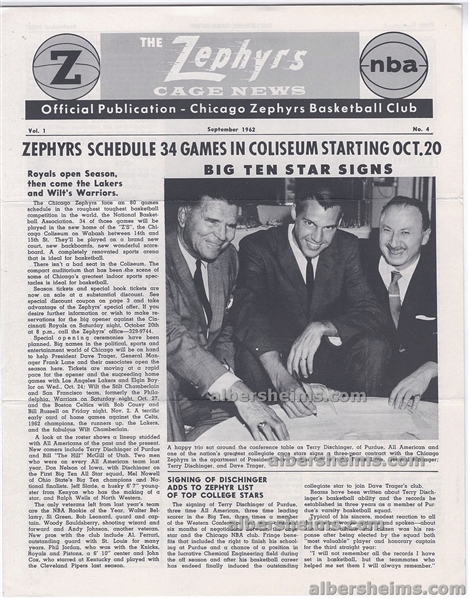 1962 Chicago Zephyrs NBA team Official Cage Newsletter Vol 1 #4 – Terry Dischinger Signs With Team