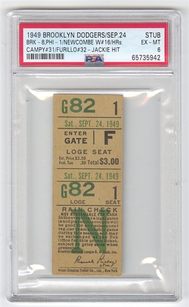 1949 Brooklyn Dodgers vs Phillies 9/24 Ticket Stub – Don Newcombe Win #16 Jackie Robinson Hit Roy Campanella HR #31 Furillo HR #32 PSA 7