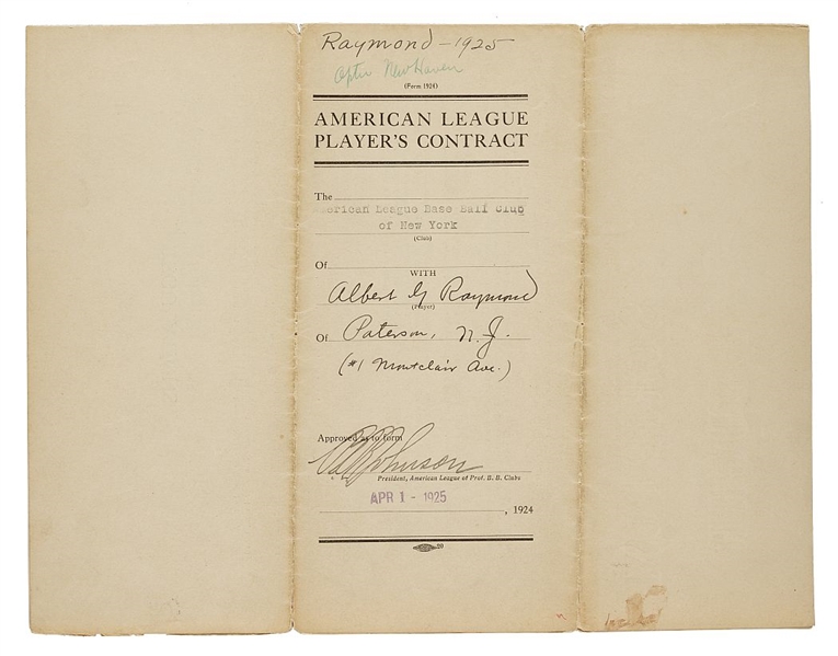 1925 Bibbs Raymond New York Yankees Contract Signed AUTO /w Ban Johnson D.1931  & Paul Krichell JSA LOA