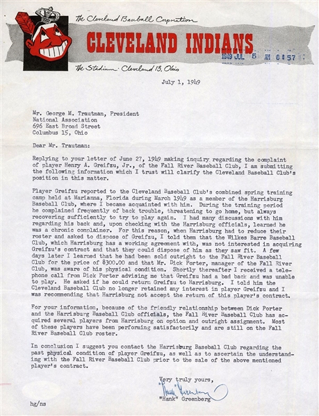 Hank Greenberg Signed AUTO letter on Indians letterhead Baseball HOF PSA/DNA