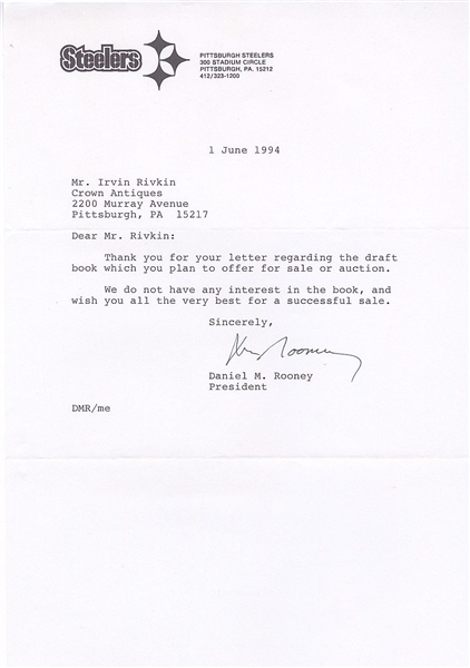Dan Rooney Signed AUTO Letter Pittsburgh Steelers Pro Football HOF