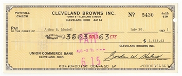 1971 Cleveland Browns Payroll Check Made out To Owner & Pro FB HOFer – Art Modell 
