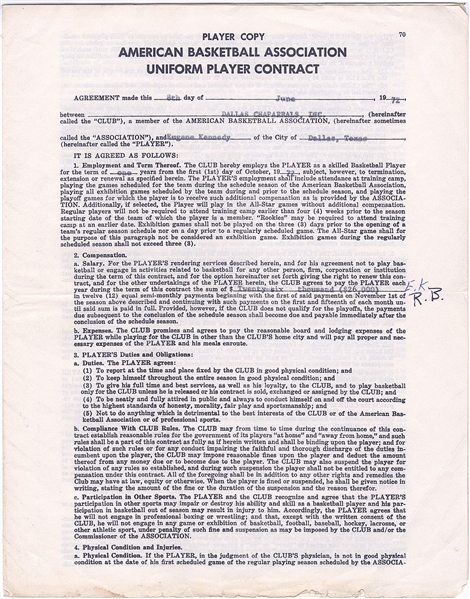 Eugene "Goo" Kennedy SIGNED AUTO 1972-73 Dallas Chaparrals ABA Basketball Contract 