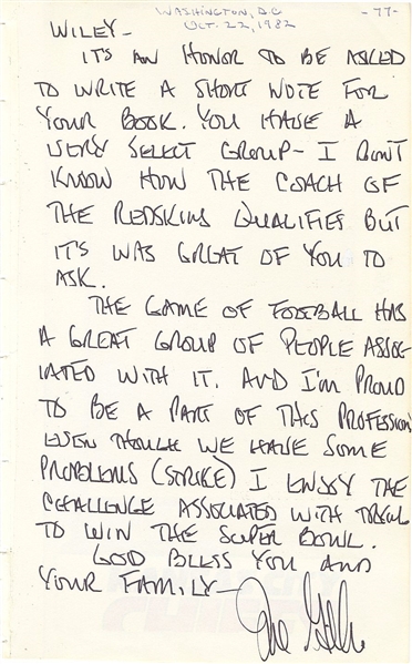 Joe Gibbs Washington Redskins Coach Pro Football HOF Signed AUTO Letter /w Great Content