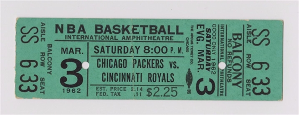 March 3, 1962 -  Chicago Packers vs Cincinnati Royals FULL TICKET – Oscar Robertson Triple Double