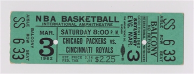 March 3, 1962 -  Chicago Packers vs Cincinnati Royals FULL TICKET – Oscar Robertson Triple Double